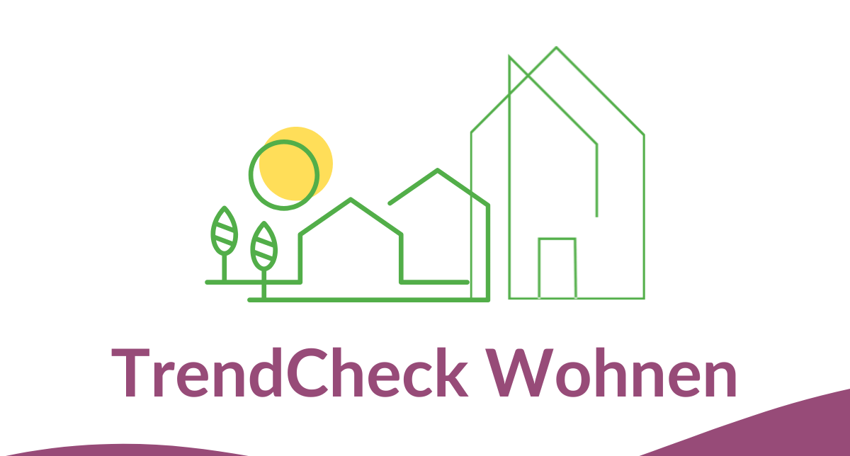 Grafisches Banner zum TrendCheck Wohnen mit abstrahierter Haus- und Landschaftsillustration.