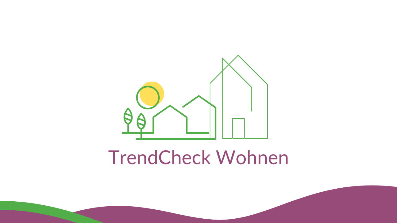 rafisches Titelbild zur Juni-Ausgabe 2025 des TrendCheck Wohnen mit stilisierten Häusern, Bäumen und Sonnensymbol.