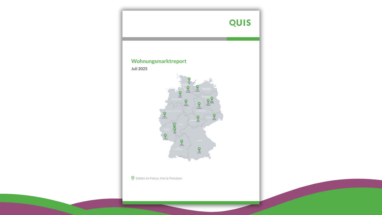 Deckblatt des QUIS Wohnungsmarktreports Juli 2025 mit Deutschlandkarte und Fokus auf Kiel und Potsdam.