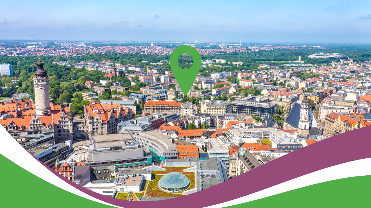 Panoramablick über Leipzig mit Markierung im Stadtgebiet