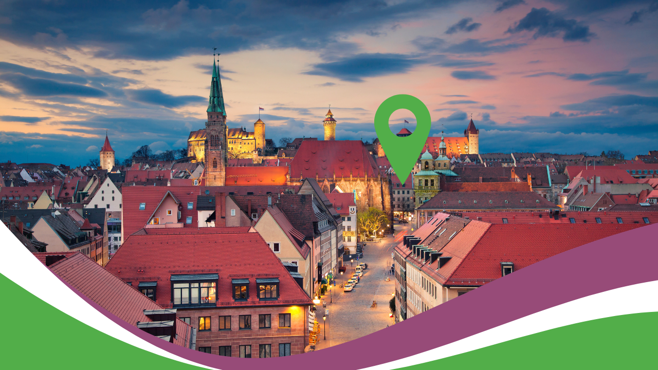Nürnberg bei Abendlicht mit Standortmarker für die Analyse von Mietpreisen und Immobilienmarkt