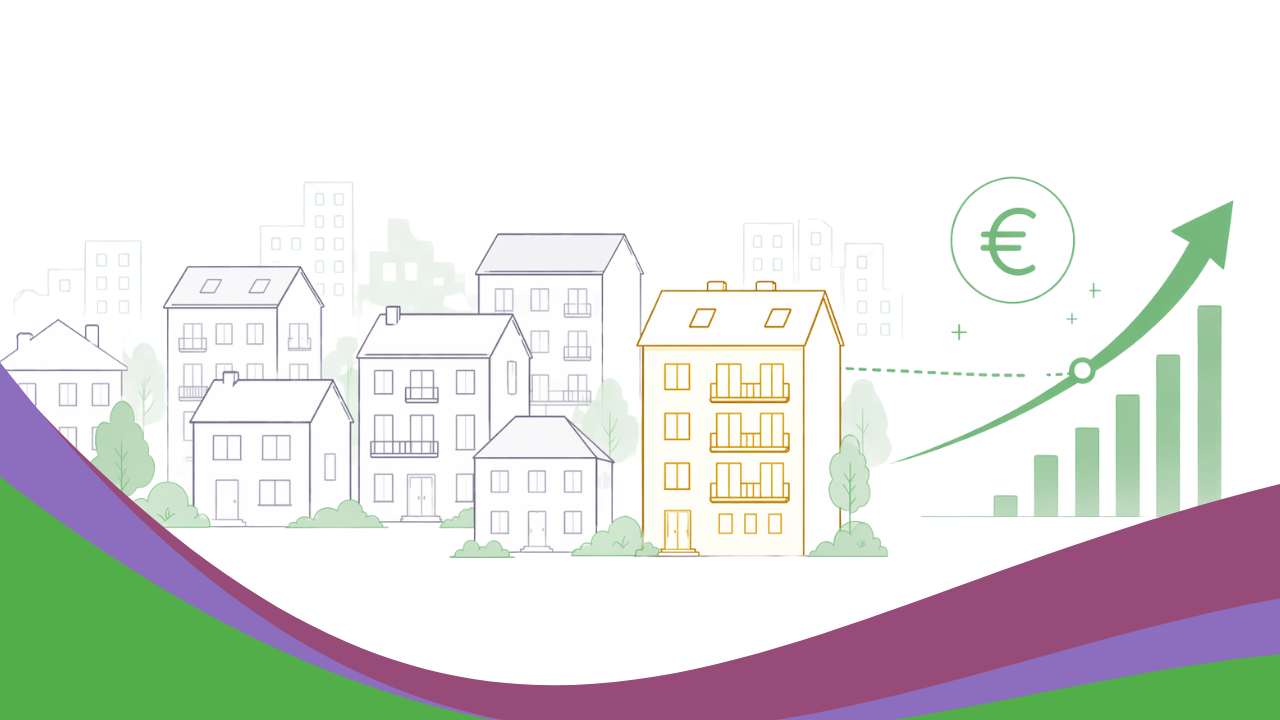 Wohnblock mit hervorgehobener Immobilie und aufsteigendem Diagramm als Symbol für steigende Ertragspotenziale