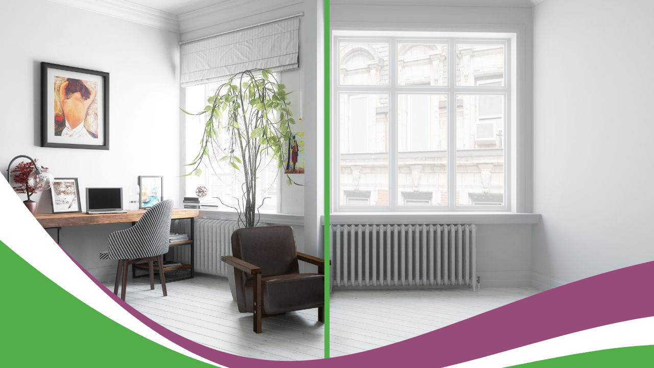 Vergleich möbliertes und unmöbliertes Wohnzimmer mit Stadtblick