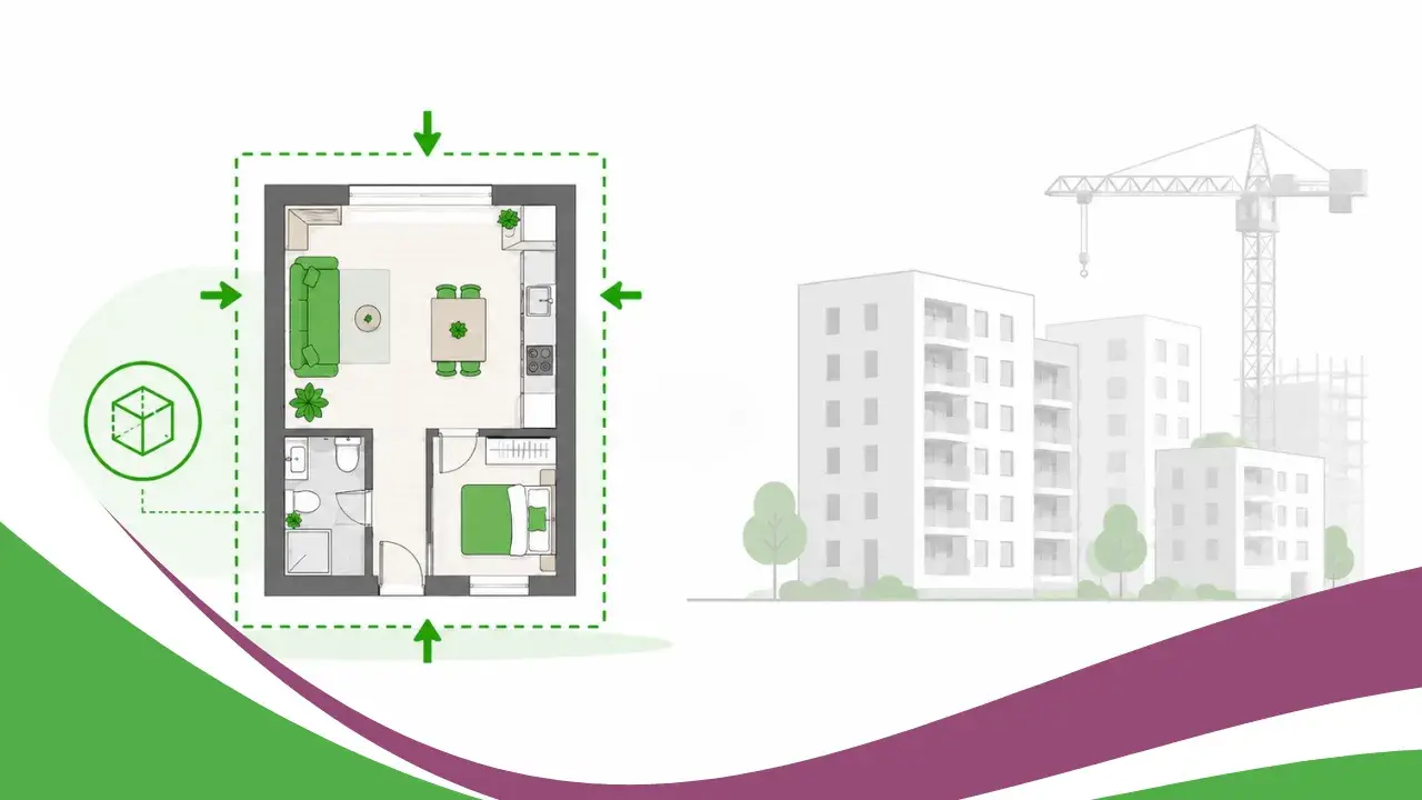 Wohnungsgrundriss und Neubauten veranschaulichen kompakteres Wohnen in urbanen Quartieren