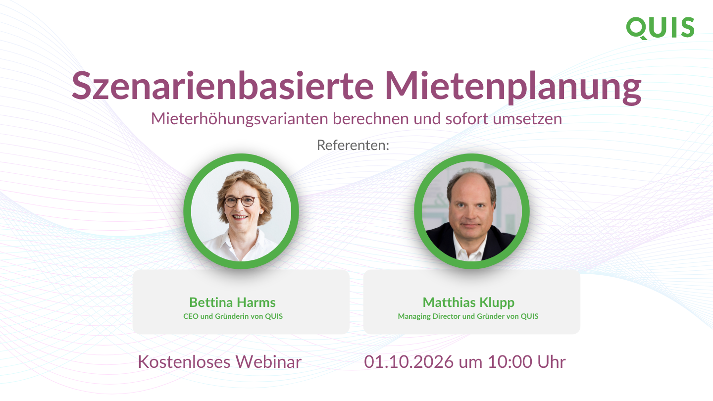 Webinar-Ankündigung 'Szenarienbasierte Mietenplanung' mit Bettina Harms und Matthias Klupp am 01.10.2026 um 10:00 Uhr.