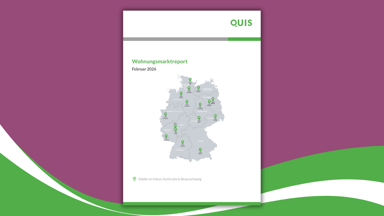 QUIS Wohnungsmarktreport Februar 2026 mit Deutschlandkarte und markierten Städten, Fokus auf Karlsruhe und Braunschweig.