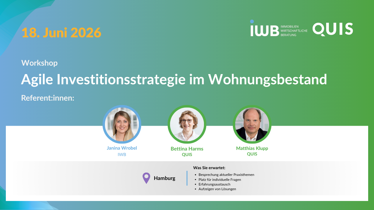 Workshop-Banner Agile Investitionsstrategie im Wohnungsbestand am 18 Juni 2026 in Hamburg mit Janina Wrobel Bettina Harms und Matthias Klupp sowie Hinweisen zu Praxisthemen Fragen Austausch und Lösungen
